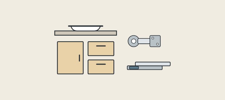 Illustration of a vanity top, door, drawer fronts, hinge and runner laid apart