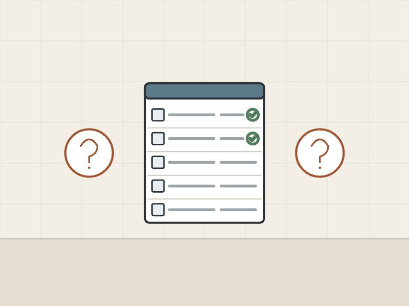 Illustration of a partly ticked component list between two question marks
