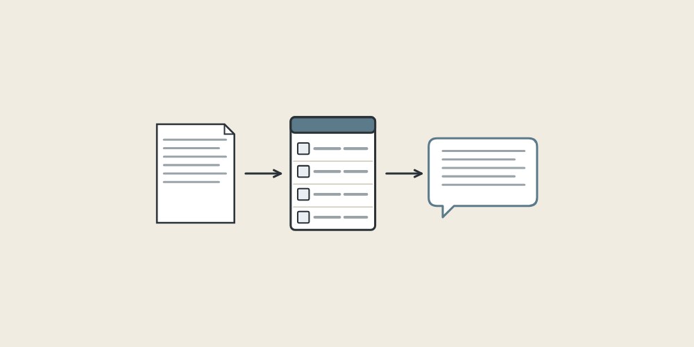 Illustration of a drawing sheet, a component list template and a message bubble linked by arrows
