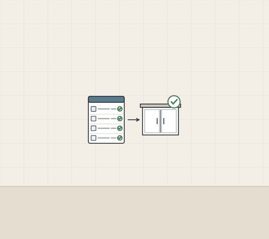 Illustration of a fully ticked component list with an arrow to a vanity cabinet and a tick