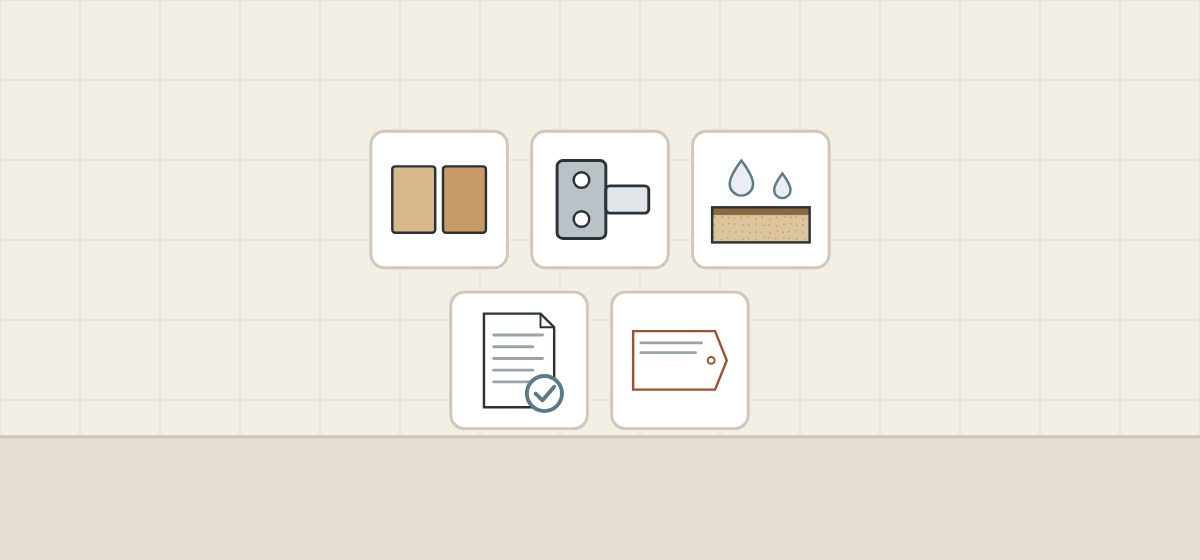 Illustration of five tiles showing color swatches, a hinge plate, a board edge with water drops, a ticked document and a tag