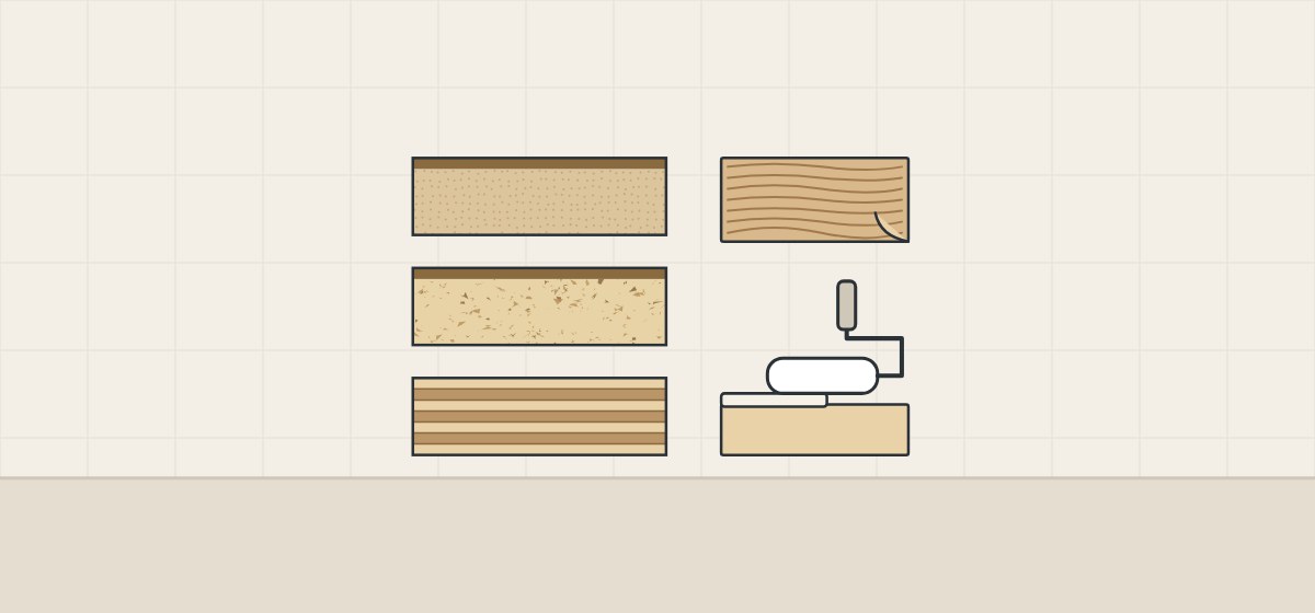 Illustration of three board edges with fiber, chip and layered cores beside a veneer sheet and a roller coating a board