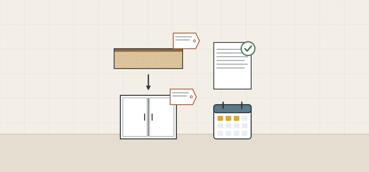 Illustration of a board edge with a label tag, a cabinet with a label tag, a ticked document and a calendar
