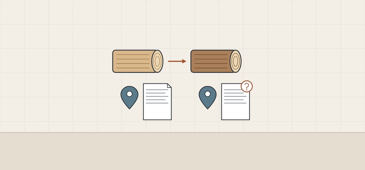 Illustration of a light log and a darker log, each above a location pin and a document