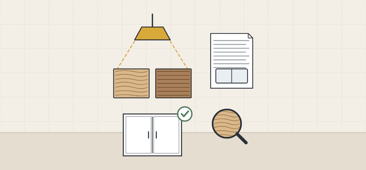 Illustration of two boards under a lamp, a data sheet, a cabinet with a tick and a magnifier over a board