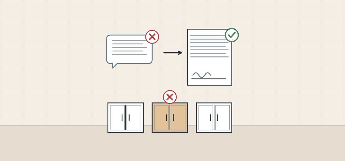 Illustration of a message bubble with a cross, a signed document with a tick and three cabinets with one in a different color