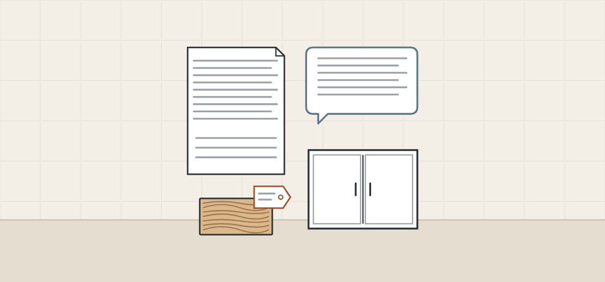 Illustration of a document, a message bubble, a cabinet and a sample board with a tag