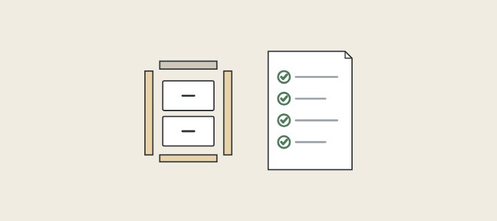 Illustration: cabinet parts laid apart beside a ticked parts list