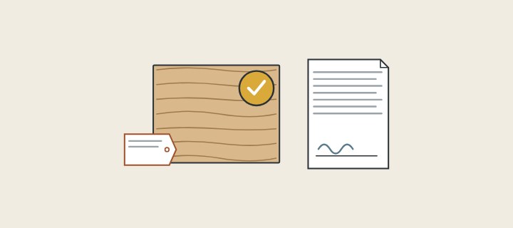 Illustration: a sample board with a seal and a tag beside a signed document
