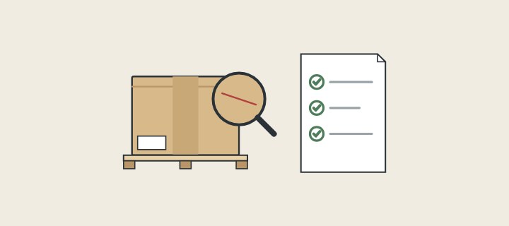 Illustration: a carton on a pallet under a magnifier beside a ticked checklist