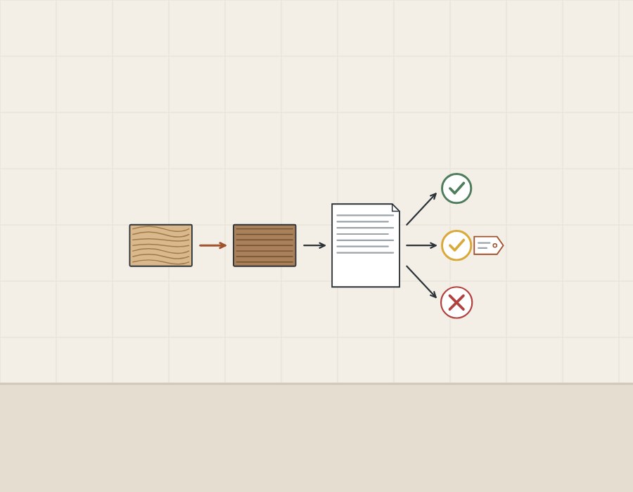 Illustration of two boards and a request document leading to three outcomes: a tick, a tick with a tag and a cross