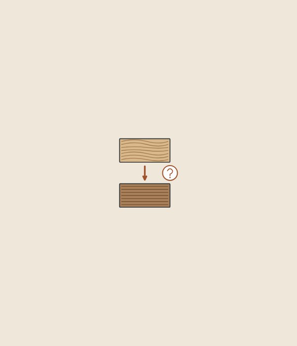 Illustration of a light wood board, an arrow to a darker board and a question mark