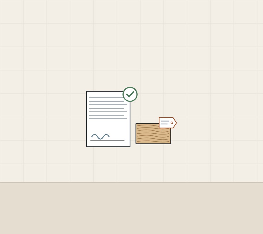Illustration of a signed document with a tick beside a sample board with a tag