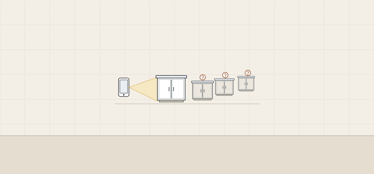 Illustration of a phone filming one cabinet while three cabinets outside its view carry question marks