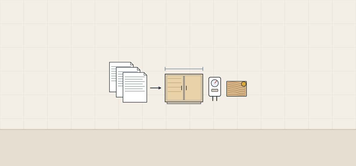 Illustration of three stacked documents with an arrow to a bare cabinet, a dimension line, a handheld meter and a finish sample