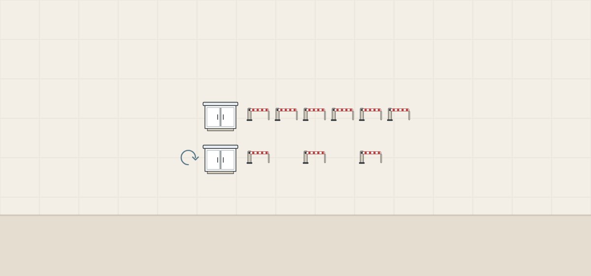 Illustration of a cabinet followed by six barrier gates above a repeat cabinet followed by three barrier gates