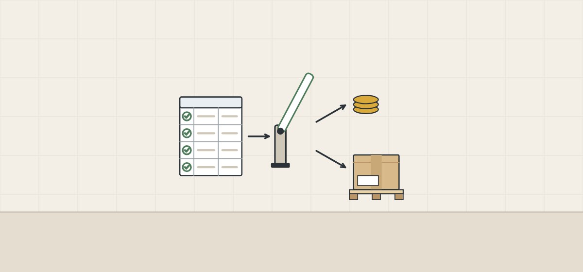 Illustration of a checked plan sheet and a raised gate with arrows to a stack of coins and a carton on a pallet