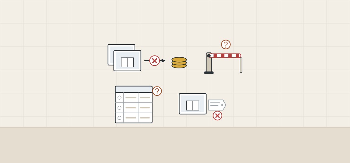 Illustration of photos with a crossed arrow to coins, a gate with a question mark, an unchecked plan sheet and a photo beside a blank tag