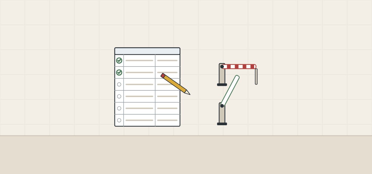 Illustration of a six-row plan sheet with a pencil beside one closed and one raised barrier gate