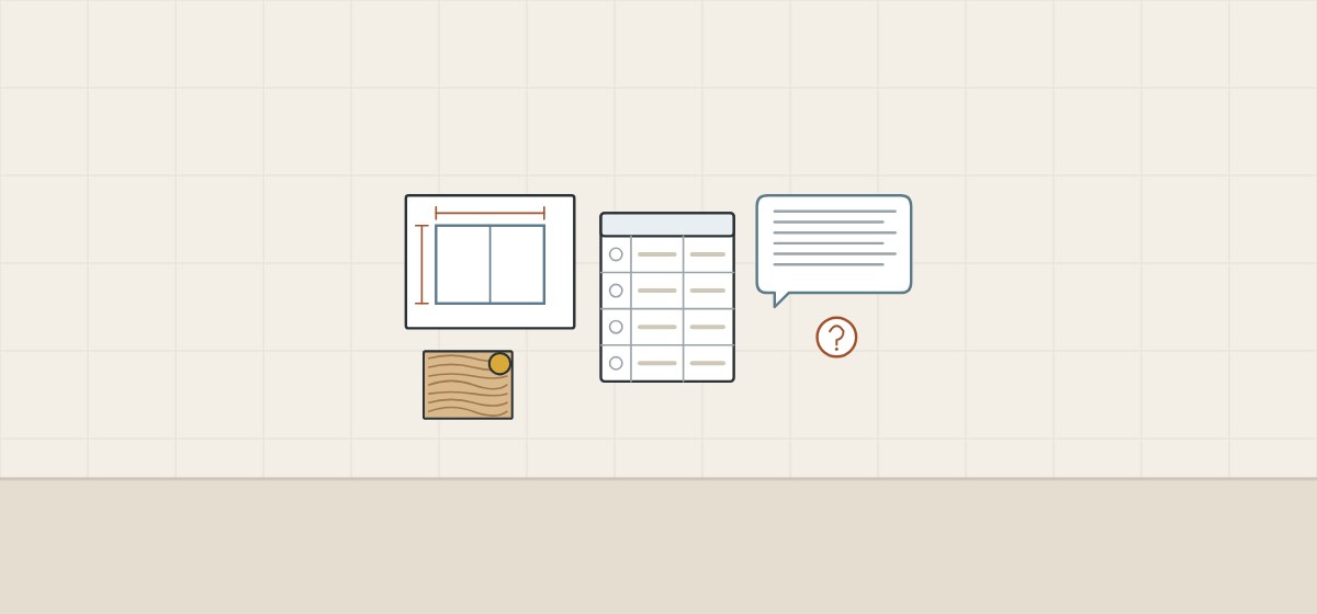 Illustration of a dimensioned drawing sheet, a finish sample, a blank plan sheet and a message bubble