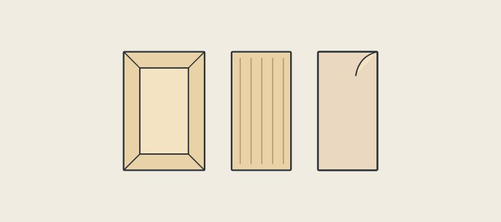 Illustration: three cabinet doors: a frame with a panel, a solid slab and a veneered door with a lifted corner