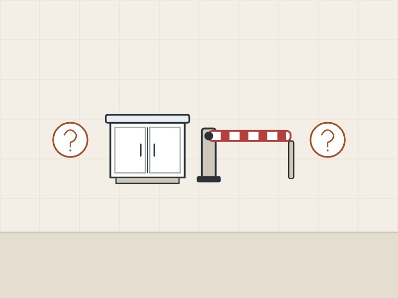 Illustration of a cabinet and a closed barrier gate between two question marks