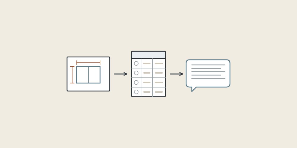 Illustration of a drawing sheet, a plan sheet and a message bubble linked by arrows