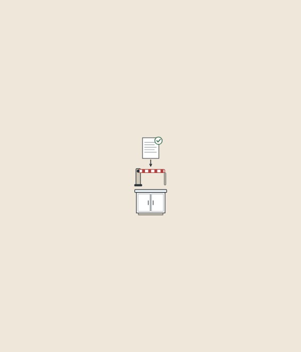 Illustration of a checked document above a closed barrier gate with a vanity cabinet below it