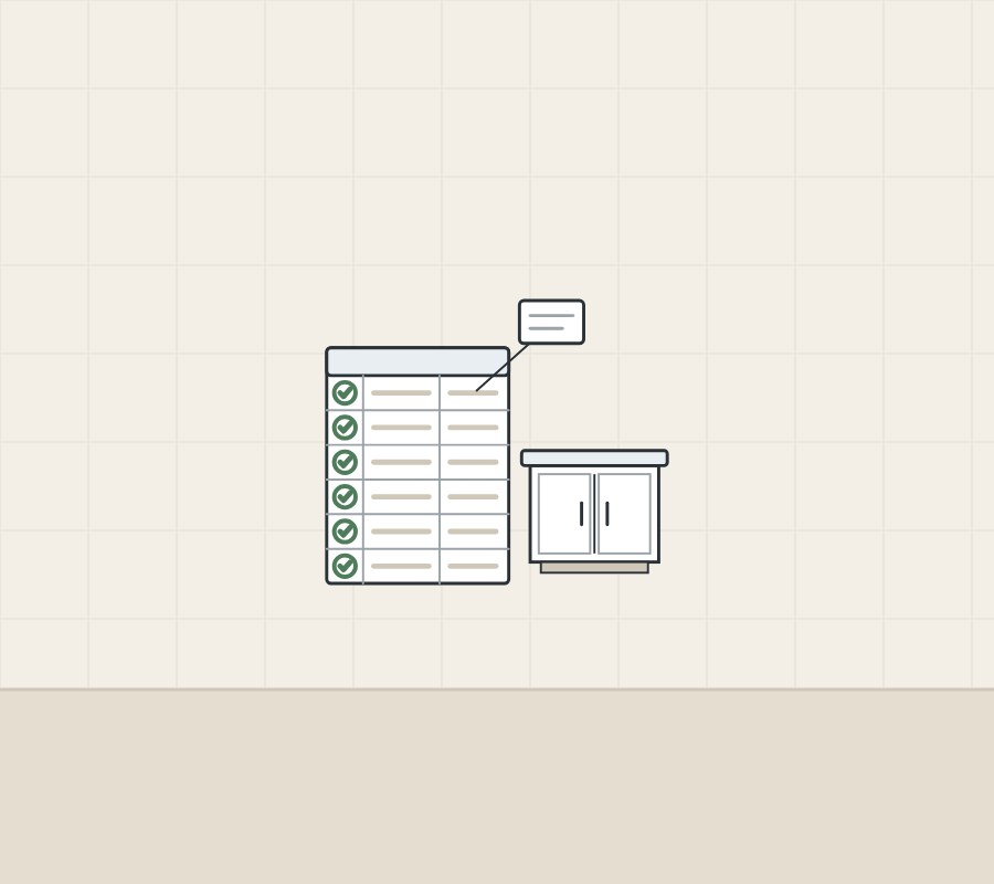 Illustration of a fully checked plan sheet with an order tag beside a cabinet