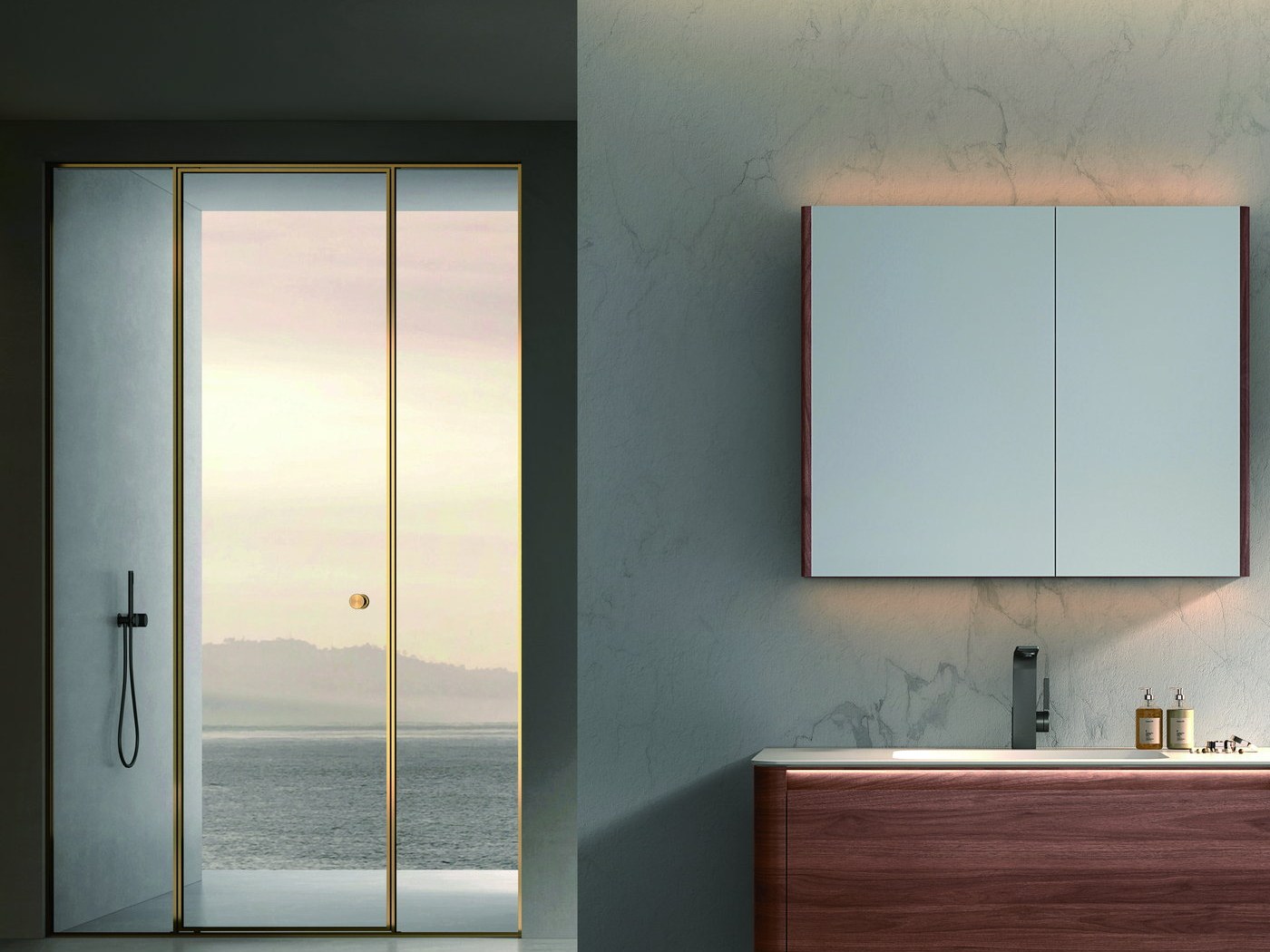 A bathing area with a mirror cabinet and shower fittings