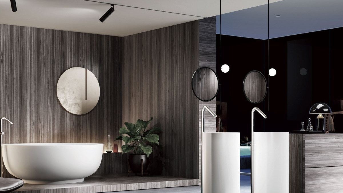 Several solid surface bathtubs shown together in a project setting