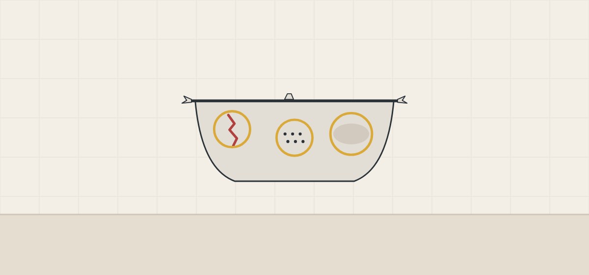 Illustration of an unfinished tub shell with a crack, a group of small voids and a dull patch circled