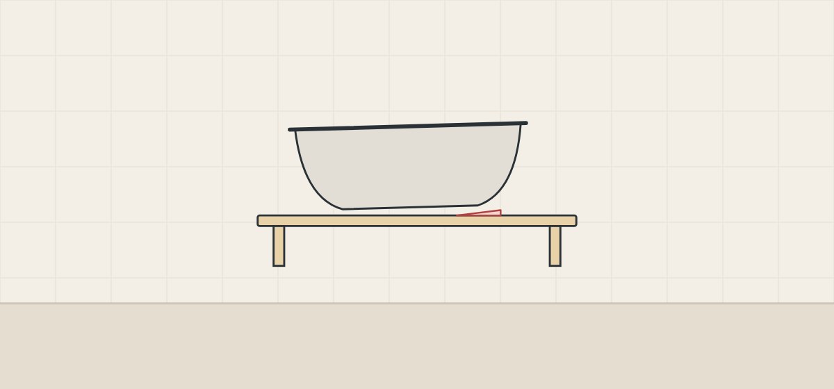 Illustration of a tub shell on a flat table with a gap under one end