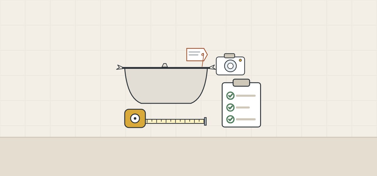 Illustration of an unfinished tub shell with an identity tag, a tape measure, a camera and a checklist