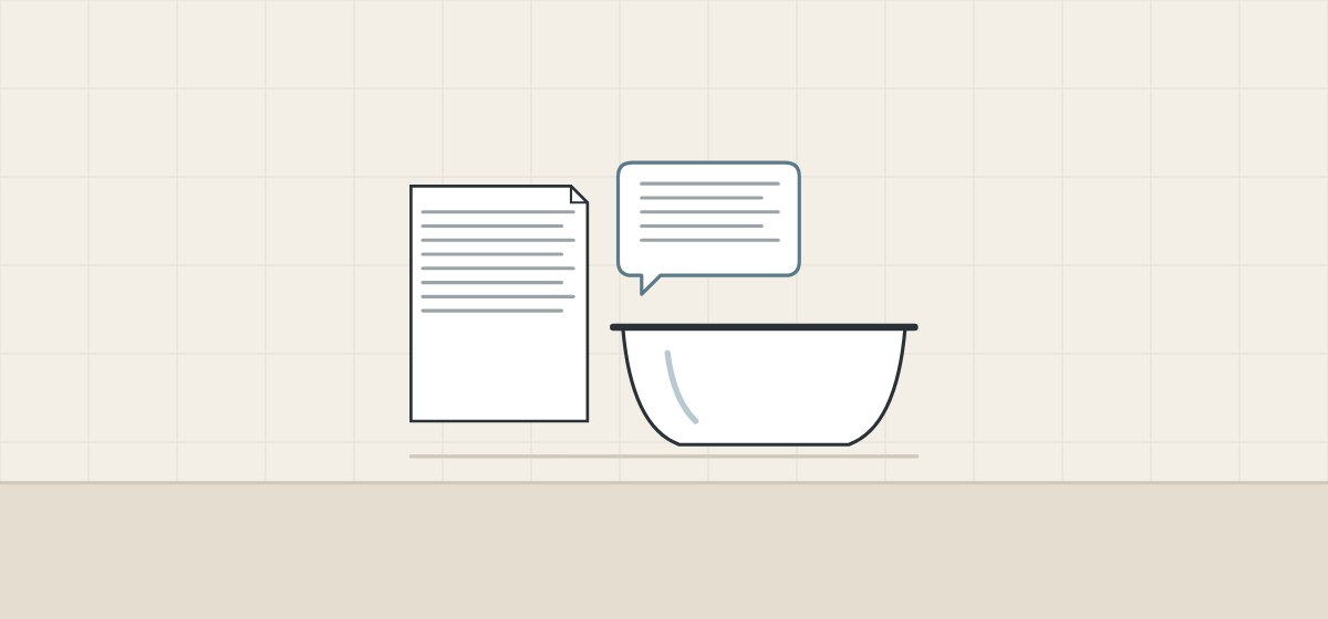 Illustration of a document, a message bubble and a bathtub