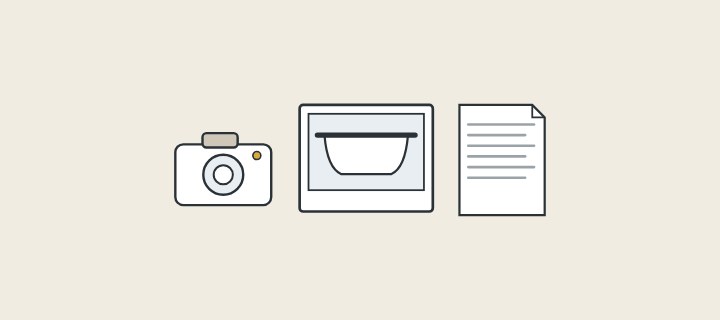 Illustration of a camera, a photograph of a bathtub and a document