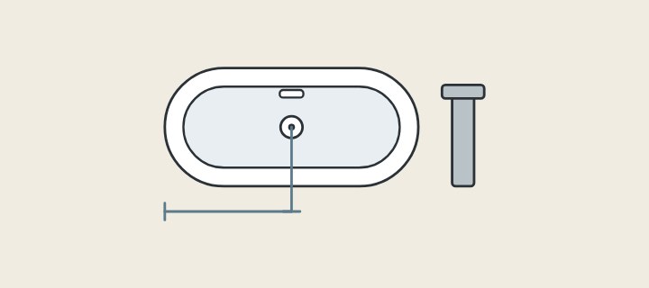 Illustration of a bathtub from above with its drain and overflow, a measurement line and a waste pipe