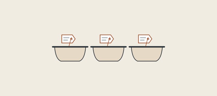 Illustration of three bathtubs of the same color, each with a batch tag