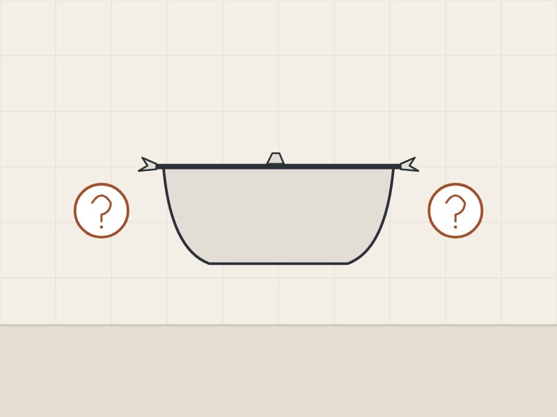 Illustration of an unfinished tub shell between two question marks