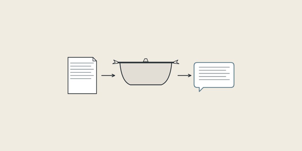 Illustration of a drawing sheet, a tub shell and a message bubble linked by arrows
