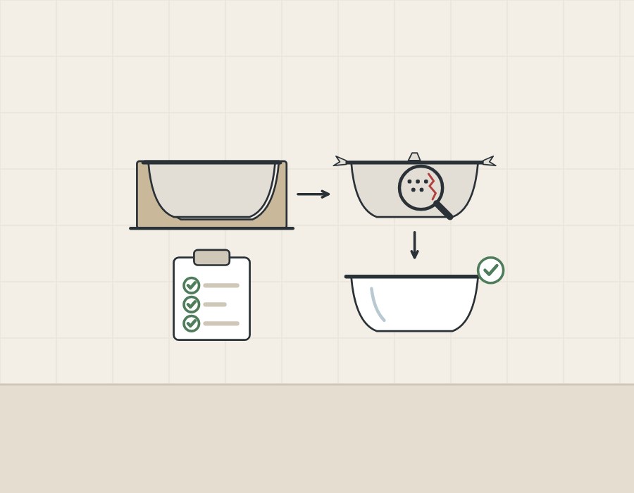 Illustration of a tub in its mold, a checklist, the unfinished shell under a magnifier and a finished tub with a tick