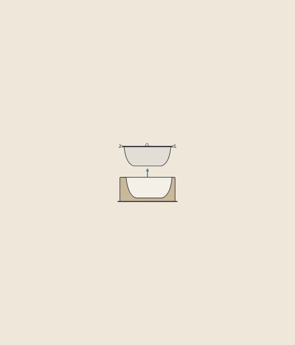Illustration of an unfinished tub shell lifted above its open mold