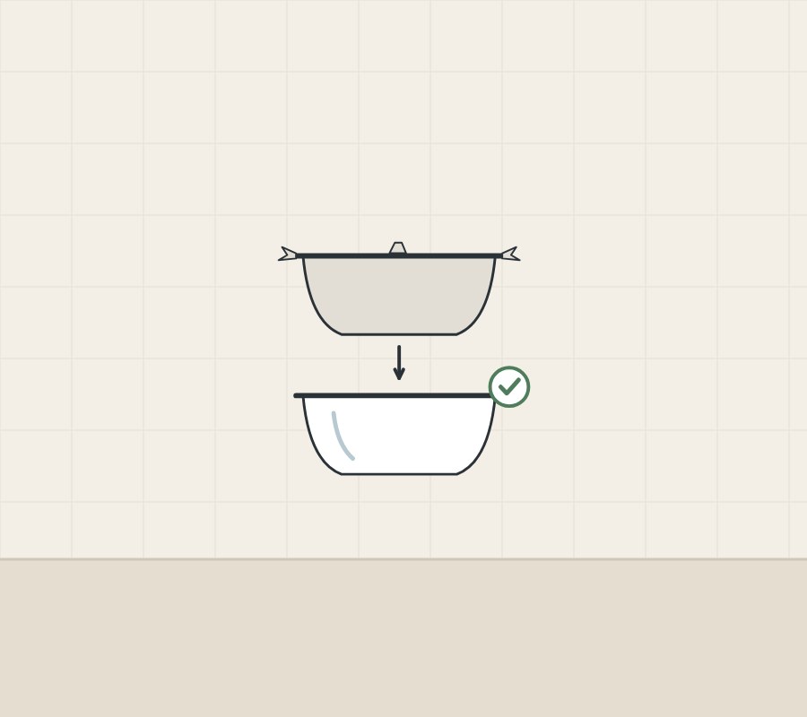 Illustration of an unfinished shell above a finished tub with a tick
