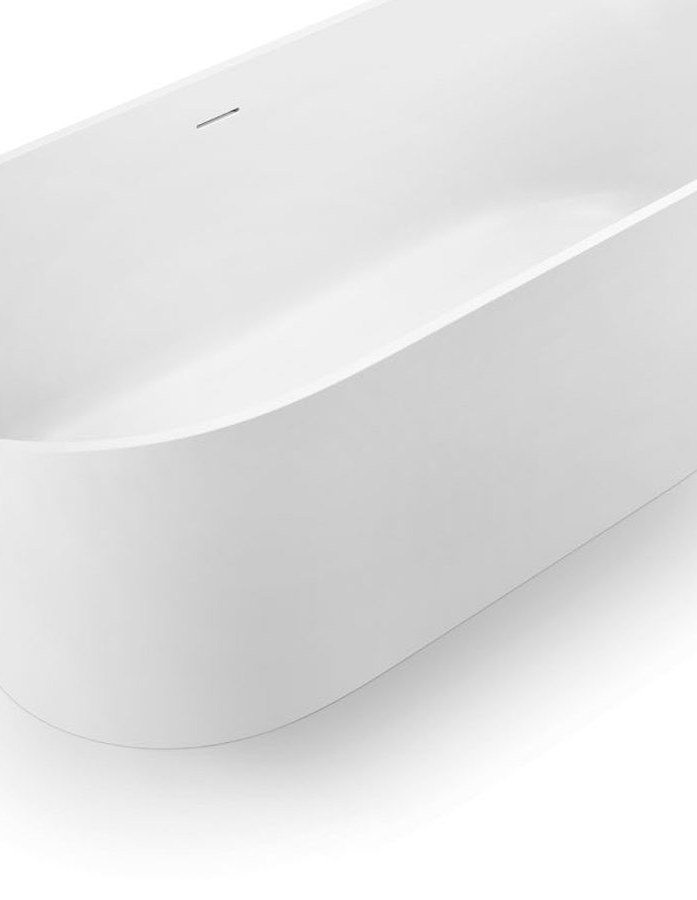 A solid surface bathtub shown with specification information