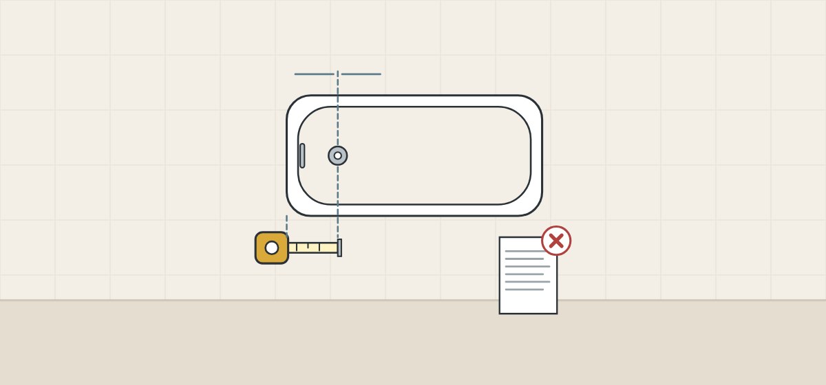 Illustration of a bathtub from above with a tape measure laid to the drain center and a catalog sheet crossed out