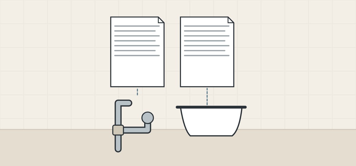 Illustration of two standard documents, one linked to a drain fitting and one to a bathtub
