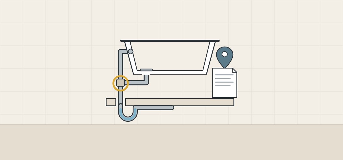 Illustration of a bathtub overflow tube joining the drain above a water-filled trap, with a location pin and a code document