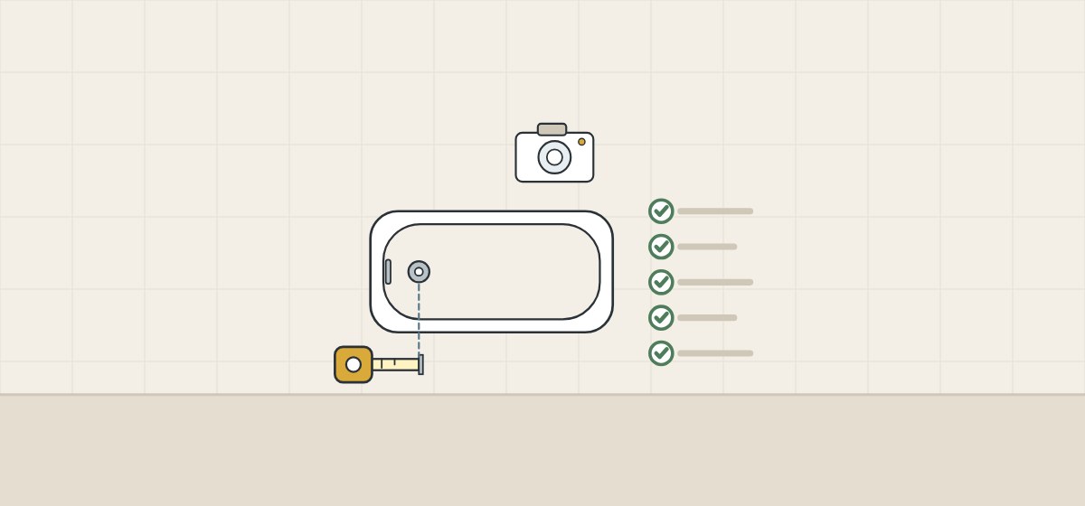 Illustration of a bathtub from above with a tape measure, a camera and a ticked checklist