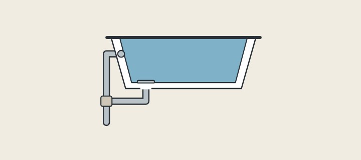 Illustration: a bathtub in section filled with water, with its overflow and drain joined by tubes below