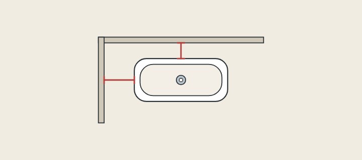 Illustration: a freestanding bathtub from above in a room corner with distances to two walls marked